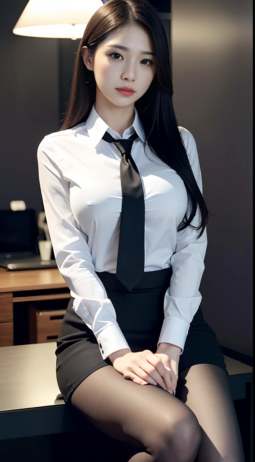 Classy upper-class elite secretary in business shirt, Working in the office、Wearing a strict business suit, Wearing pantyhose、Wear high-end high heels、 Girl in a shirt, Wearing a business suit, Wearing a business suit, in a business suit, businesswoman, business clothes, wearing black business suit, Wear a shirt and skirt, Woman in business suit, Business attire, business outfit, Raw photo, (8K、top-quality、​masterpiece:1.2)、(intricate detailes:1.4)、(Photorealsitic:1.4)、octane renderings、Complex 3D rendering ultra detail, Studio Soft Light, Rim Lights, vibrant detail, super detailing, realistic skin textures, Detail Face, Beautiful detail eyes, Very detailed CG Unity 16k wallpaper, make - up, (detailedbackground:1.2), Exposed thighs!!!,