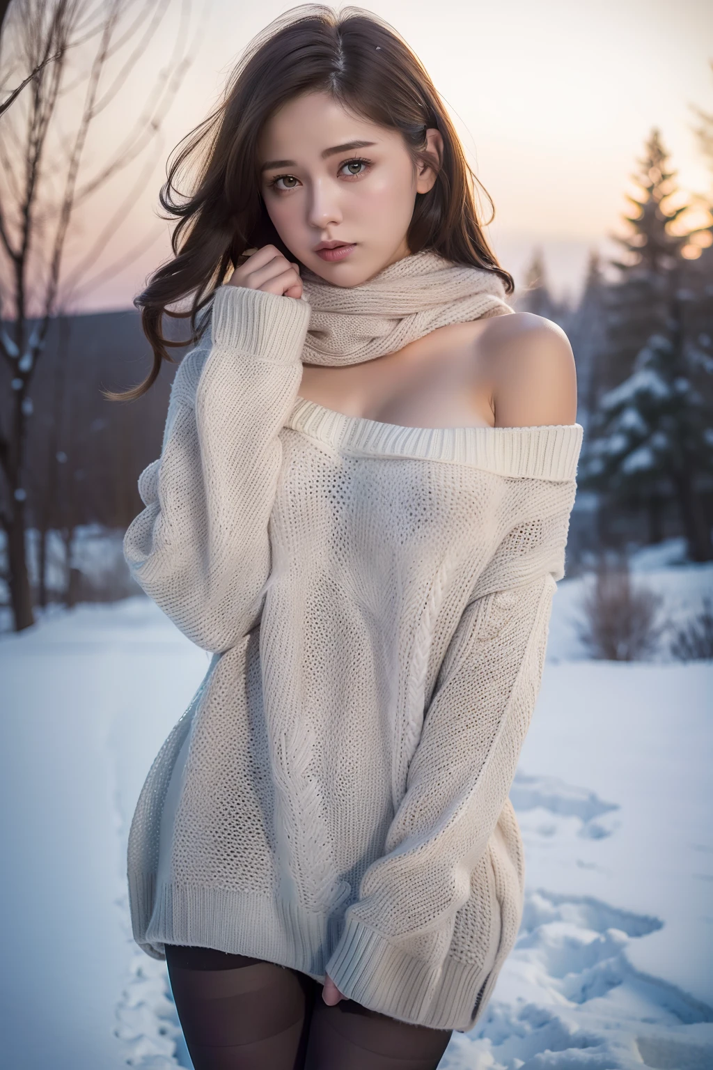 Winters，Snowy landscape，Beautiful teenage girl，lacepantyhose，random color，Long sweater，scarf，depth of fields，Real Light，Ray traching，OC Renderer，UE5 Renderer，Hyper-realistic，best qualtiy，8K，Works of masters，super-fine，Detailed pubic hair，Correct anatomy、Dark hair、bare shoulders​