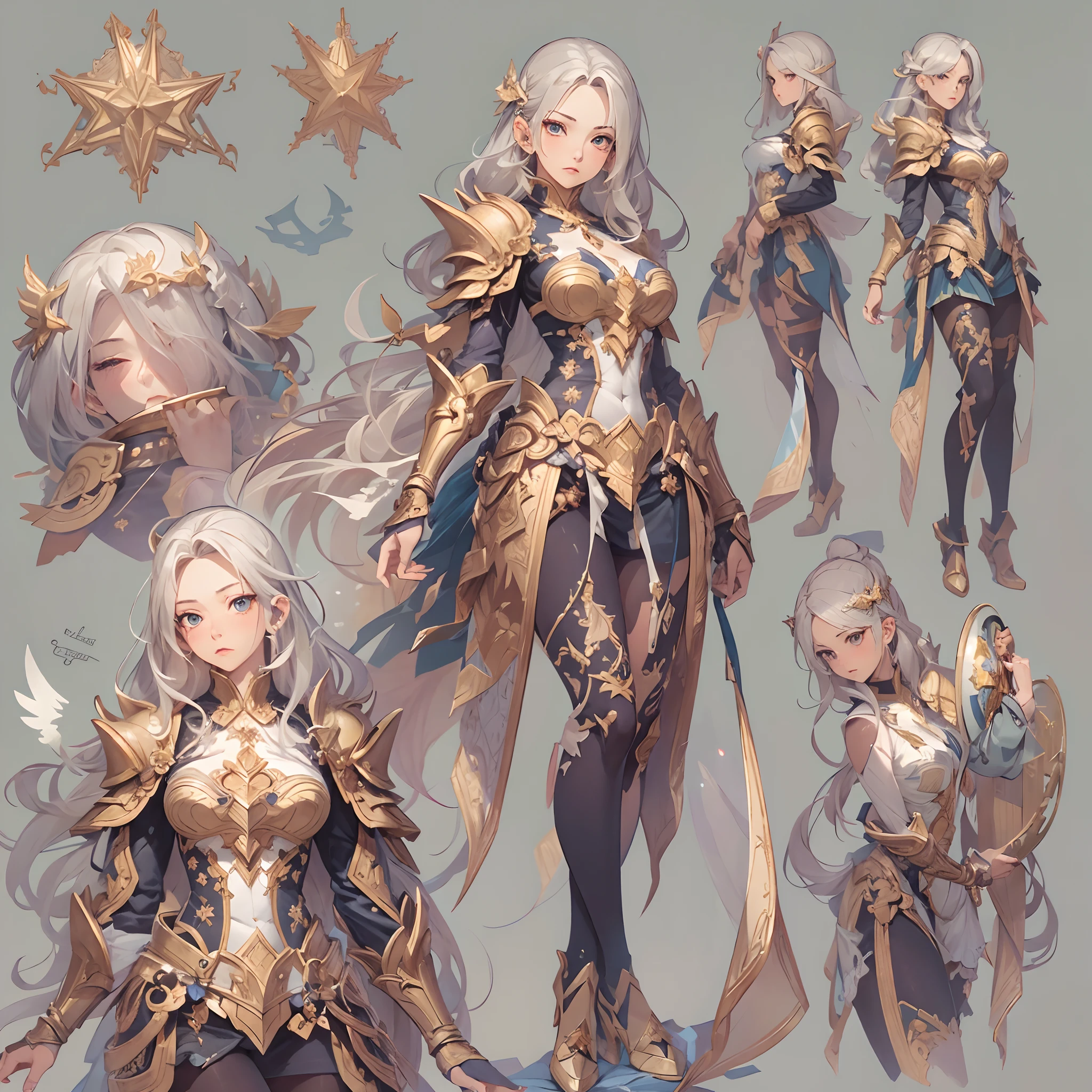 ((Masterpiece, Highest quality)), Detailed face, CharacterDesignSheet， full bodyesbian, Full of details, Multiple poses and expressions, Highly detailed, Depth, Many parts，Beautiful paladin girl，Holding a shield，Extremely beautiful，High Balance, Natural light, Lace，lacepantyhose，starrysky，Star decoration