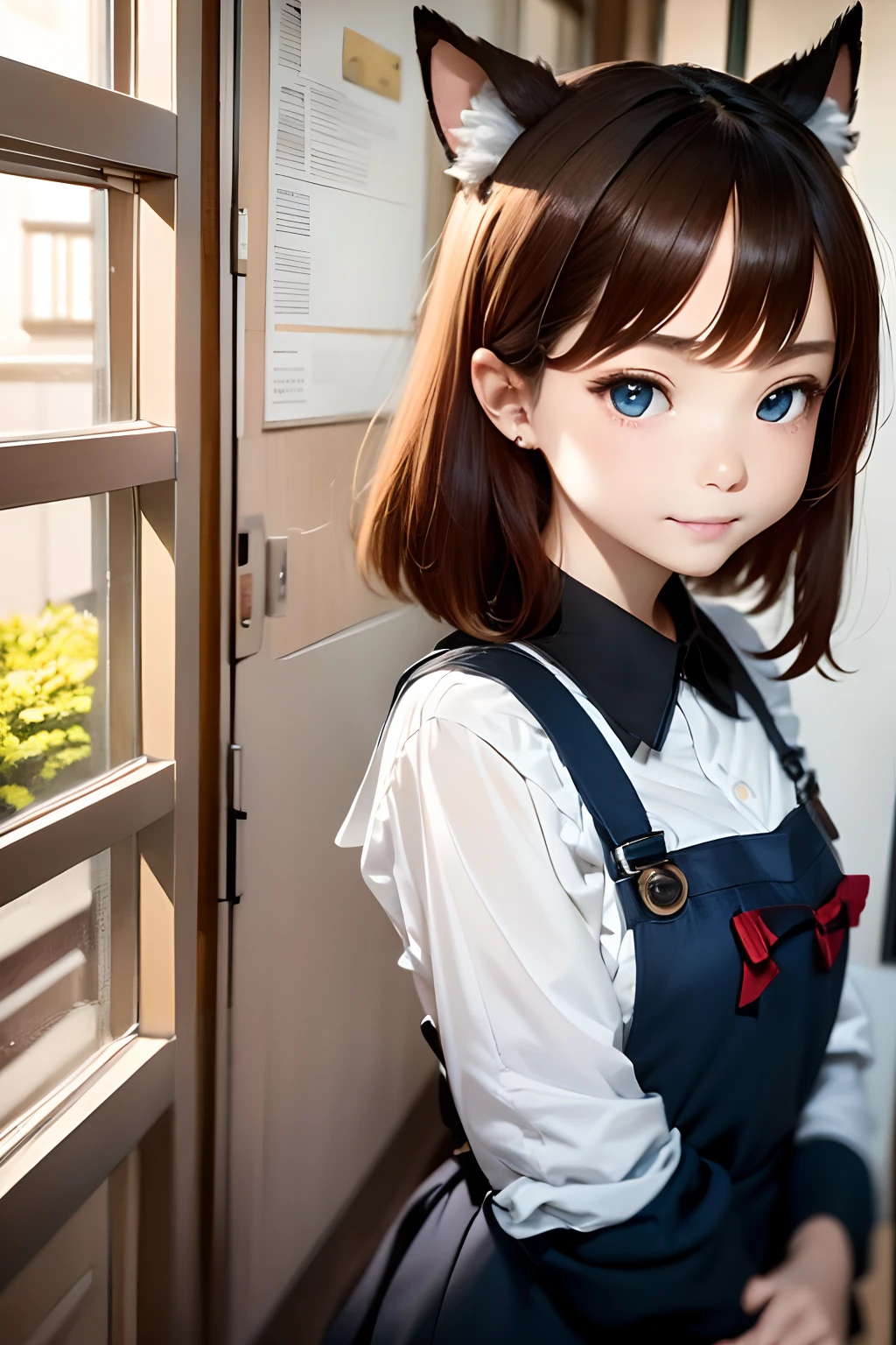 (​masterpiece:1.2、top-quality)、intricate detailes、1girl in、sixteen years old、 brown haired、Light brown eyes、pinafore、animal ear、A smile、Hands together、door、doress、White Apron、Indoors、long-sleeve、blue eyess、looking at the viewers、Goth loli made clothes、shorth hair、Maids、maid apronl、dog ears、window、bangss、is standing、Mouth closed、Communication device and wear,(Wide Angle), (top down),Realistic scale,Anime style,Super Detail, Realistic, Super realistic,lifelike rendering,(((school classrooms:1.5,Classroom lined with desks:1.2))),Professional Photographer