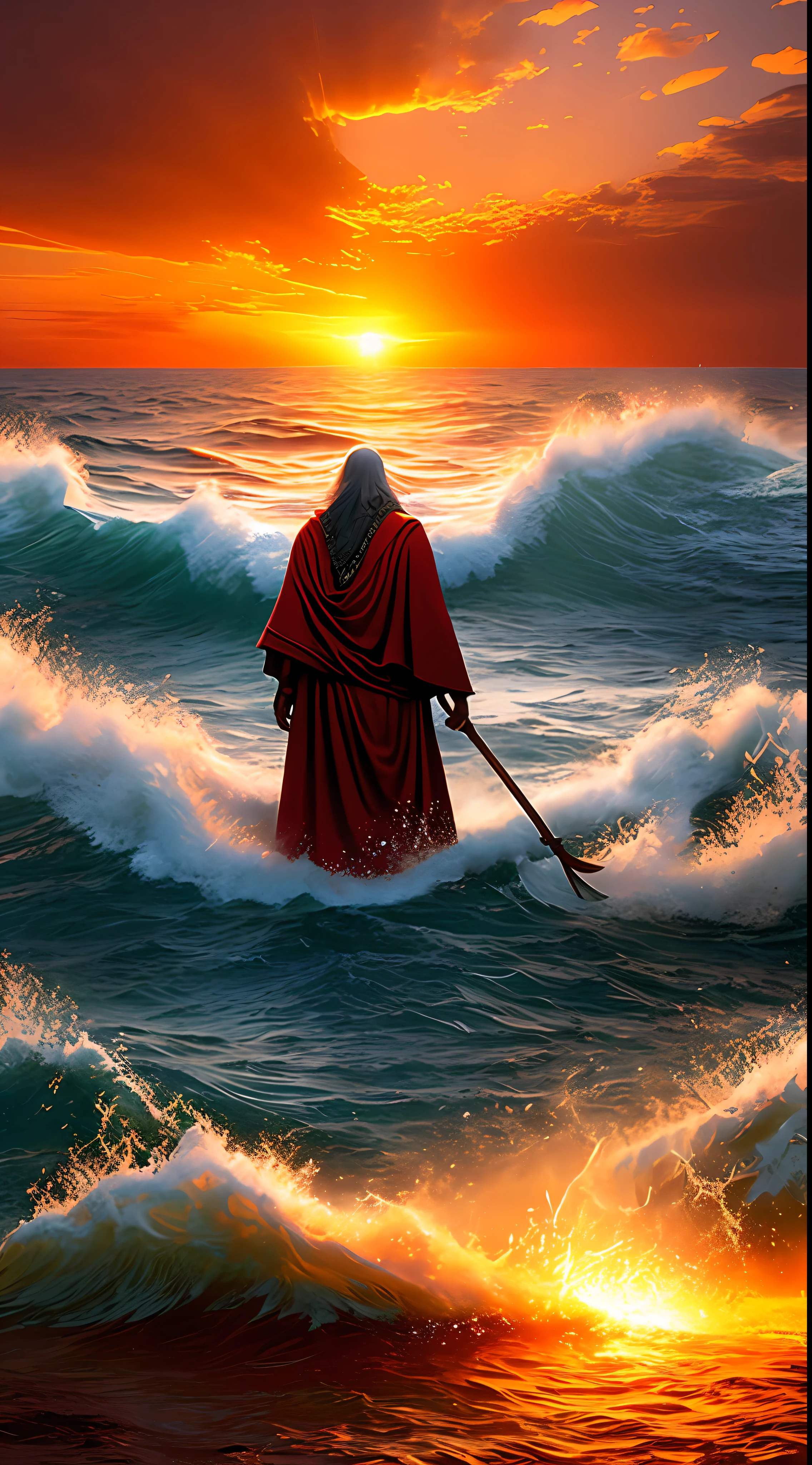 uma alta definição, imagem ultra-realista de Moisés abrindo o Mar Vermelho para os israelitas. Moisés está parado em frente ao mar, segurando seu cajado. O mar está se separando, formando duas paredes de água. Os israelitas estão andando pelo meio do mar, em direção a . O exército egípcio está atrás dos israelitas, mas está preso entre paredes de água. O sol está se pondo no horizonte, e o céu está cheio de nuvens vermelhas e laranja.