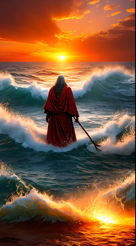 A high-definition, ultra-realistic image of Moses parting the Red Sea for the Israelites. Moses is standing in front of the sea,...