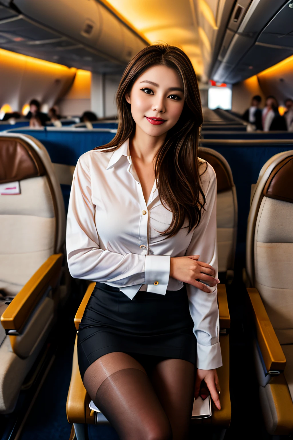 (Best Quality: 1.1), (Realistic: 1.1), (Photography: 1.1), (highly detailed: 1.1), (1womanl), Airline flight attendants, mature, coat, White shirt, Short skirt, black lace stockings, in an airplane, Brown eyes, (Brunette bob gorgeous hair)