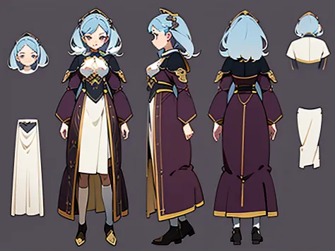 ((masterpiece)), (((best quality))), (character design sheet, same character full body, front, side, back), illustration, 1 girl, stunning facial features, uniform hair color, hairstyle, costume, medieval dress (simple background, white background: 1.3)