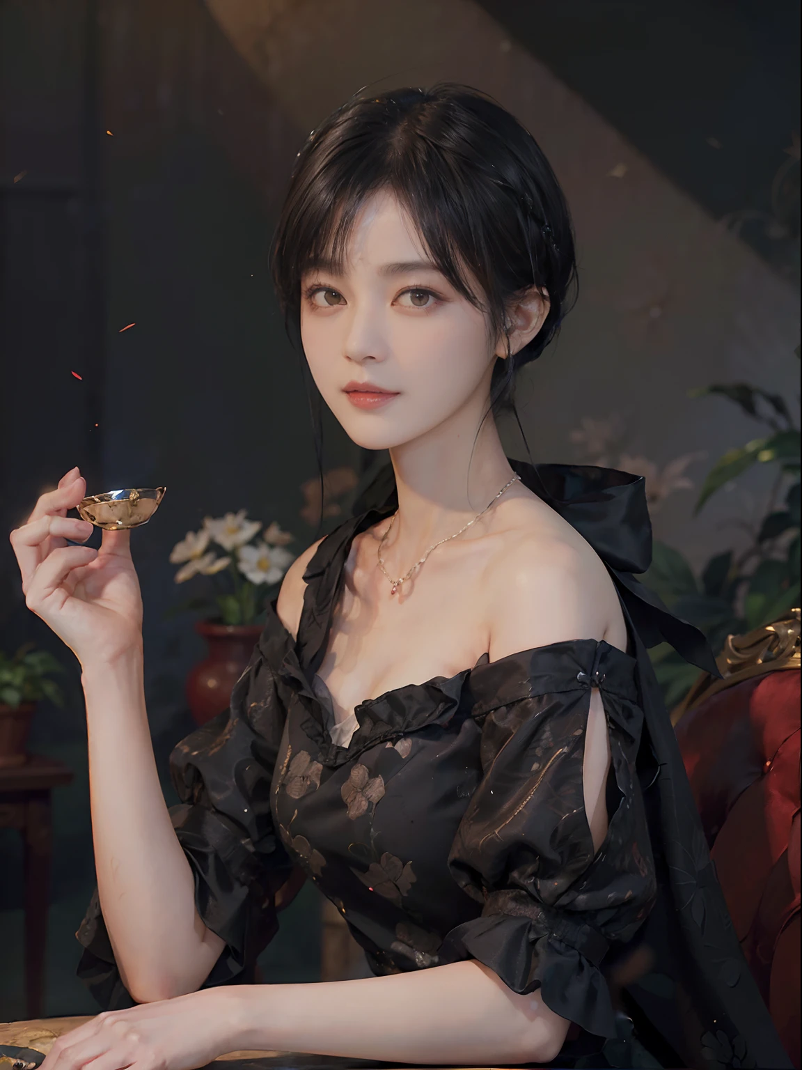((1womanl)),  (((Black Shorthair))), （masuter piece：1,3）、top-quality、​masterpiece、hight resolution、Original、highly detailed wallpaper、dress code、Luxurious necklace, A slight smil、a small face、(Breast)、(Light on Face)、Live-action style, Beautiful facial features, darkened room, ((Hu Dilan))