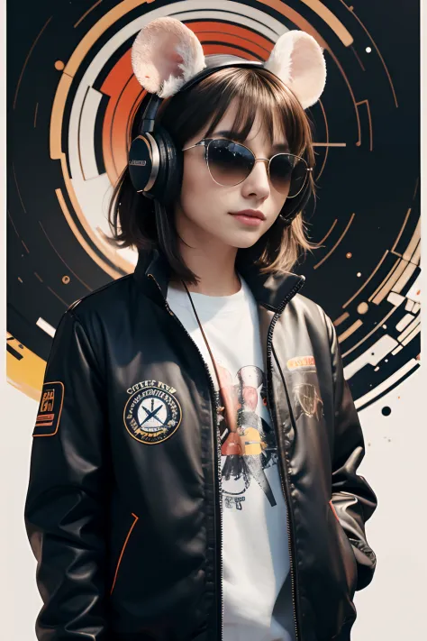 Perfect centering, Cute mouse, Wear a student team jacket, Wearing sunglasses, Wearing headphones, cheerfulness, Standing positi...