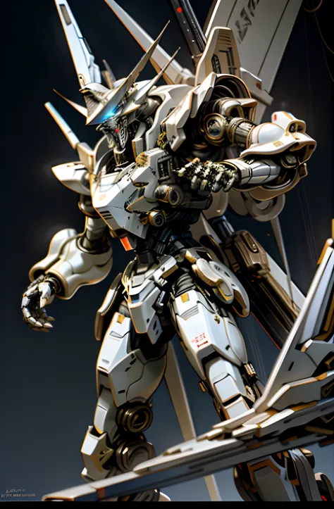 Dark_Fantasy, armored core 6,1Mechanical marvel,Robotic presence, galactic emperor, giant mechanical armour, heavy cybernetic iron white claw, plasma spear weapons , Siberian white tiger ,absolutely stunning art,white and gold coating, highest quality art,...