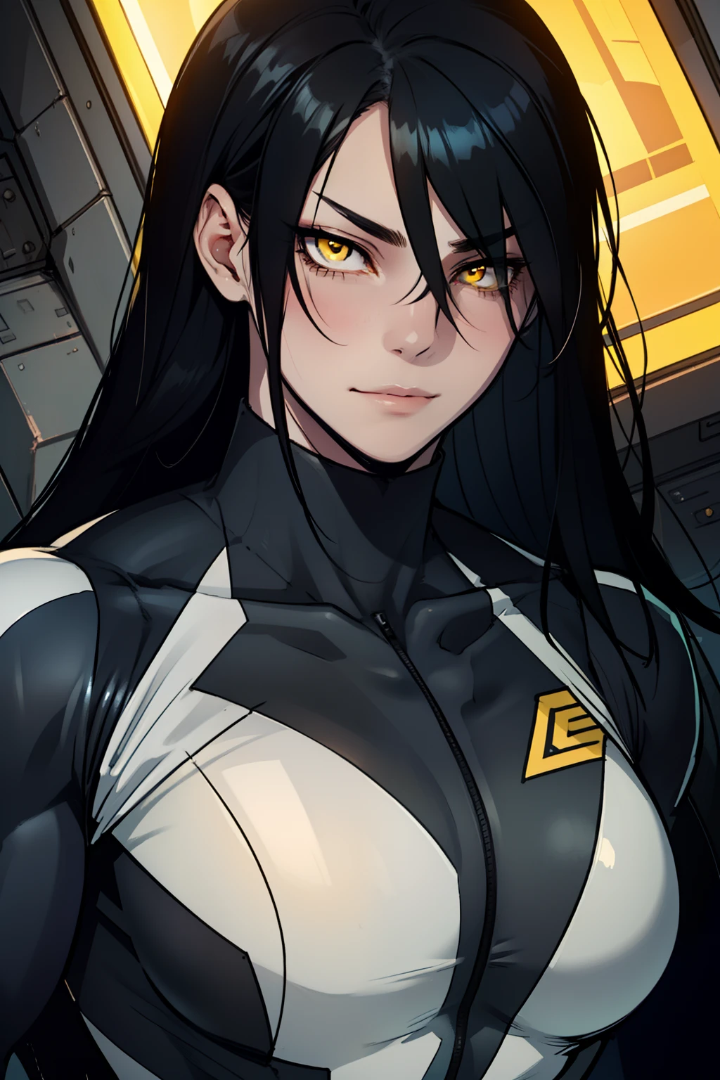 1 girl, black hair, yellow eyes, very long hair, pale skin, ((((extremely muscular)))), large breasts, (confident expression), pilot suit, close up