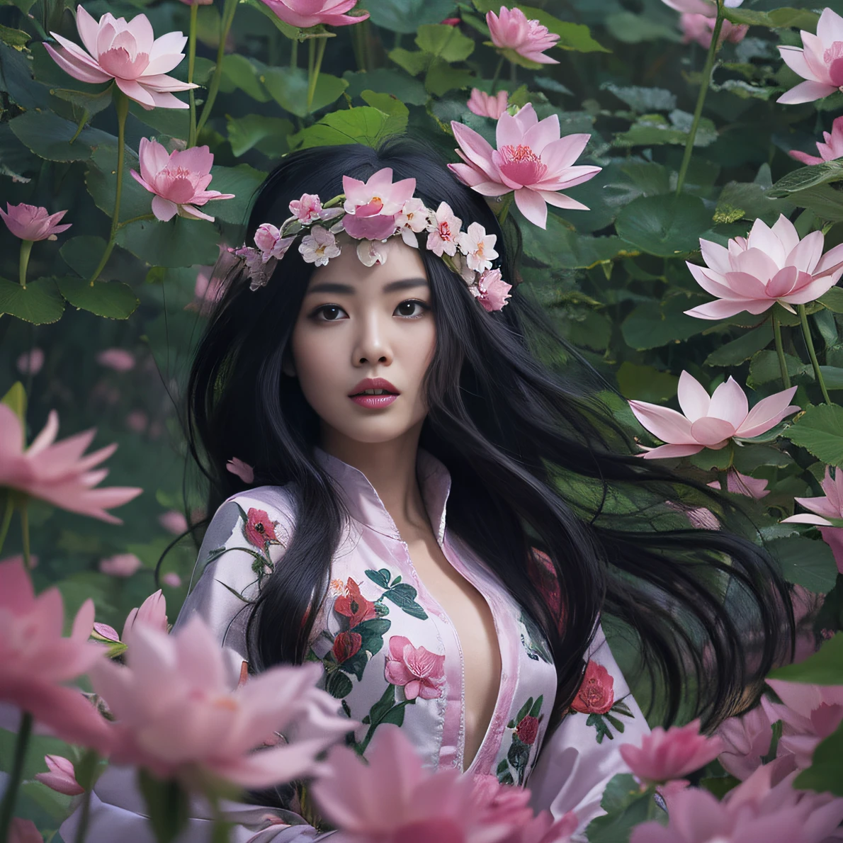 32K（tmasterpiece，k hd，hyper HD，32K）Long flowing black hair，ponds，zydink， a color， Aozhou people （Concubine girl）， （Purple silk scarf）， Combat posture， looking at the ground， long whitr hair， Floating hair， Carp pattern headdress， Chinese long-sleeved clothing， （Abstract gouache splash：1.2）， Pink petal background，Pink and white lotus flowers fly（realisticlying：1.4），Black color hair，Fallen leaves flutter，The background is pure， A high resolution， the detail， RAW photogr， Sharp Re， Nikon D850 Film Stock Photo by Jefferies Lee 4 Kodak Portra 400 Camera F1.6 shots, Rich colors, ultra-realistic vivid textures, Dramatic lighting, Unreal Engine Art Station Trend, cinestir 800，Long flowing black hair，Denim skirt