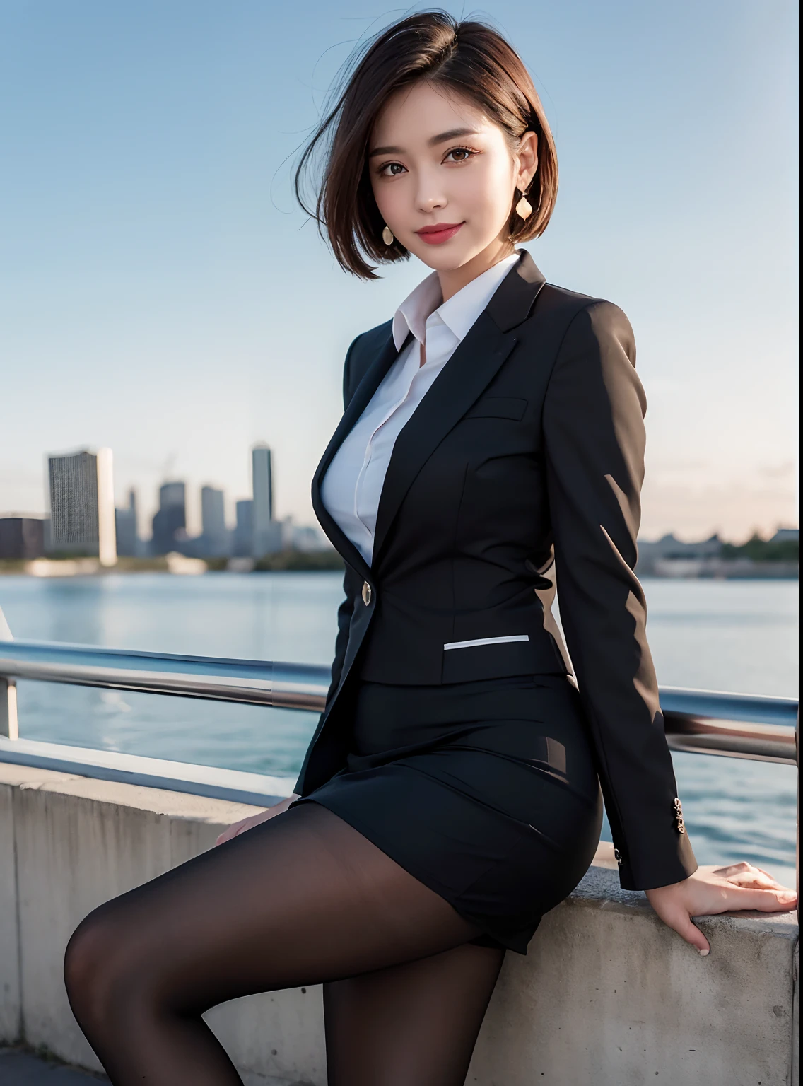 (8k, Best Quality, Masterpiece:1.2), (Realistic, Photorealistic:1.37), Ultra Detail, 1 Girl, Full Body, Outdoor, (Adjusted Hair:1.5) Office Lady, Black Office Blazer, Office Skirt, (pantyhose: 1.2), (short button-down shirt: 1.2), button-up collar prim, button-down collar prim, bra, (pantyhose: 1.2), alpha layer, high heels, beautiful earrings, cute, solo, beautiful detailed sky, (smile: 1.15), (closed mouth), small breasts, beautiful detailed eyes, business attire, (short hair: 1.2), floating hair NovaFrogStyle,