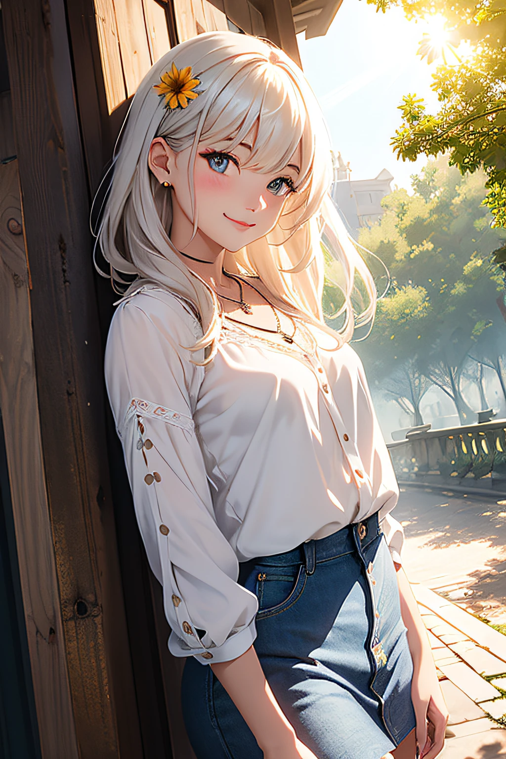 nffsw, Unity, 8k, wall-paper, (​masterpiece), (top-quality),(1girl in:1.3),The best lighting, Complex pupils, Complex textiles, Detailed background, a park, early evening, Sunny, The upper part of the body, from the front side, A smile, Thin, slick skin, verd s eyes, White blouses, Denim skirt, a necklace, (florals, Sun'rays)