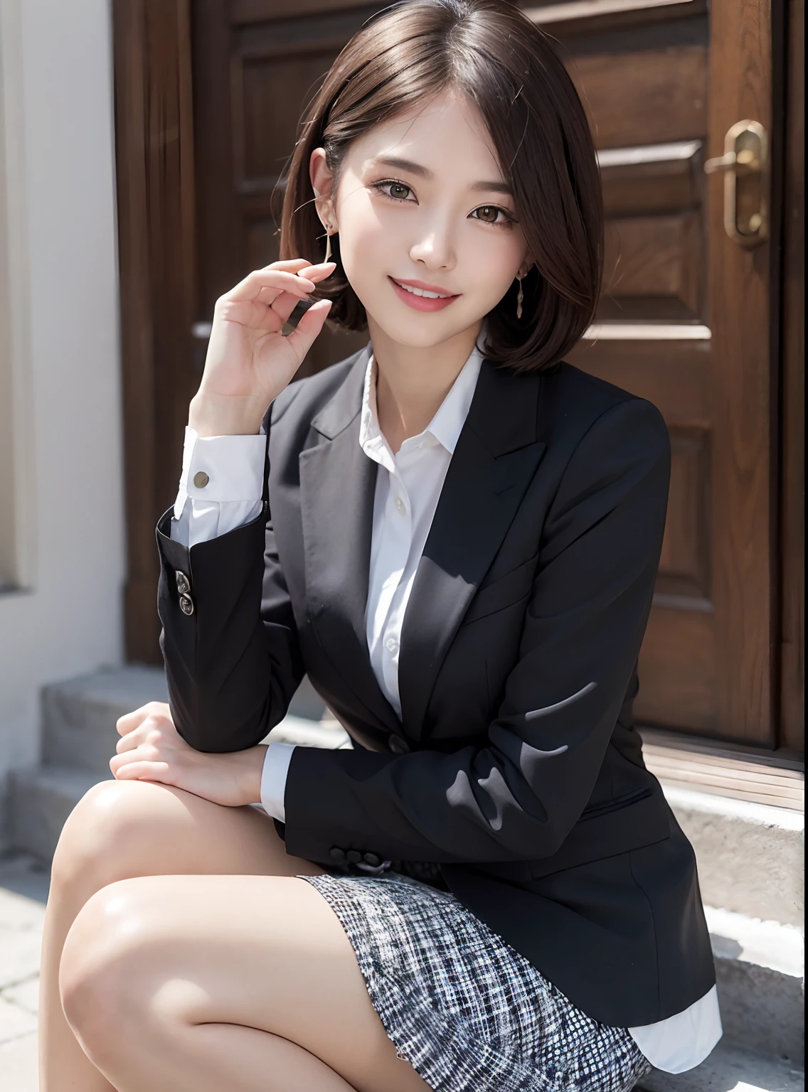 (8k, top-quality, ​masterpiece:1.2), (realisitic, Photorealsitic:1.37), Ultra-detail, 1 girl in, 18year old、full body Esbian, outside of house, (Adjusted hair:1.5) Officelady, Black Office Blazer, Office Skirt, (panthyhose: 1.2)、(Short button-down shirt:1.2)、Button Up Color Prim、Button Down Color Prim、bura、(panthyhose:1.2)、Alpha Layer、high-heels、earring beautiful、cute little、solo、Beautiful detailed sky、(A smile:1.15)、(Mouth closed)、middlebreasts、Eyes in Beautiful Details、Business attire、（short-hair：1.2）、Floating Hair NovaFrogStyle、