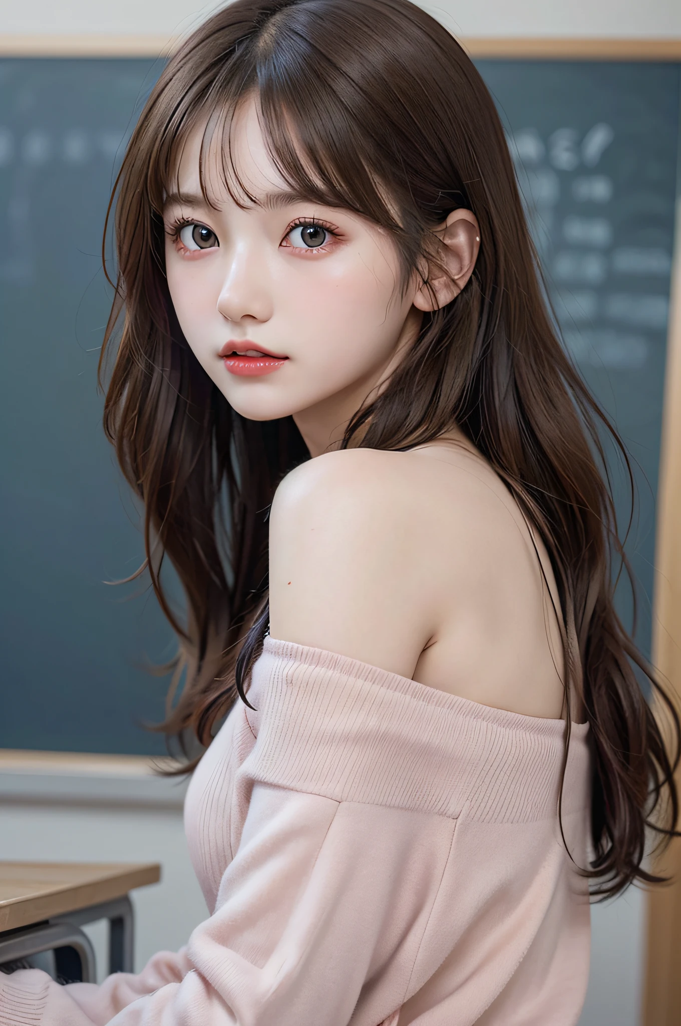 ((1girl in)), ((Best Quality)), (Ultra-detailed), (extremely detailed CG unified 8k wallpaper), Highly detailed, High-definition raw color photos, Professional Photography, Brown hair, Amazing face and eyes, Pink eyes, (amazingly beautiful girl), School, classroom, off shoulder,