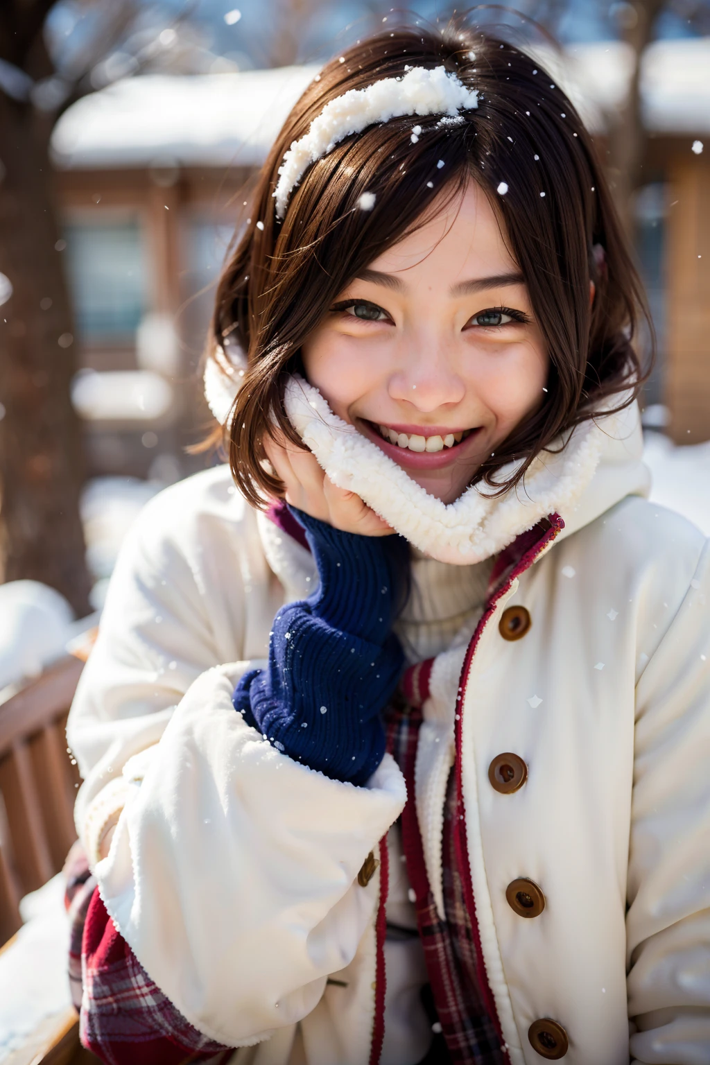 Mujer sonriente con abrigo de invierno con nieve en la cara, calida sonrisa, sonrisa cálida y gentil, cubierto de nieve, en la nieve, sonriendo cálidamente, cubierto de nieve, en la nieve, retrato de un adolescente japonés, sonrisa encantadora, sonriendo dulcemente, Cálida expresión amigable., Mirada alegre, con un abrigo blanco de invierno, sonrisa suave, sonriendo tímido, Hermosa cara de chicas japonesas