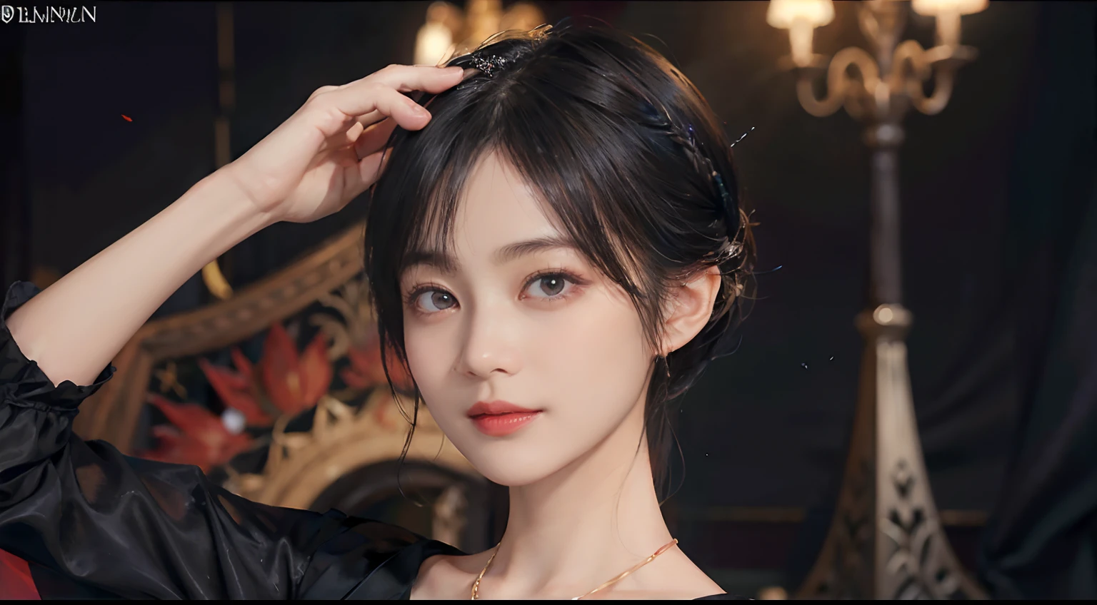 ((1womanl)),  (((Black shorthair))), （masuter piece：1,3）、top-quality、​masterpiece、hight resolution、Original、highly detailed wallpaper、dress code、Luxurious necklace, (A slight smil)、a small face、((Breast))、(Red and blue dress)、(Light on Face)、Live-action style, Beautiful facial features, darkened room, ((Hu Dilan))