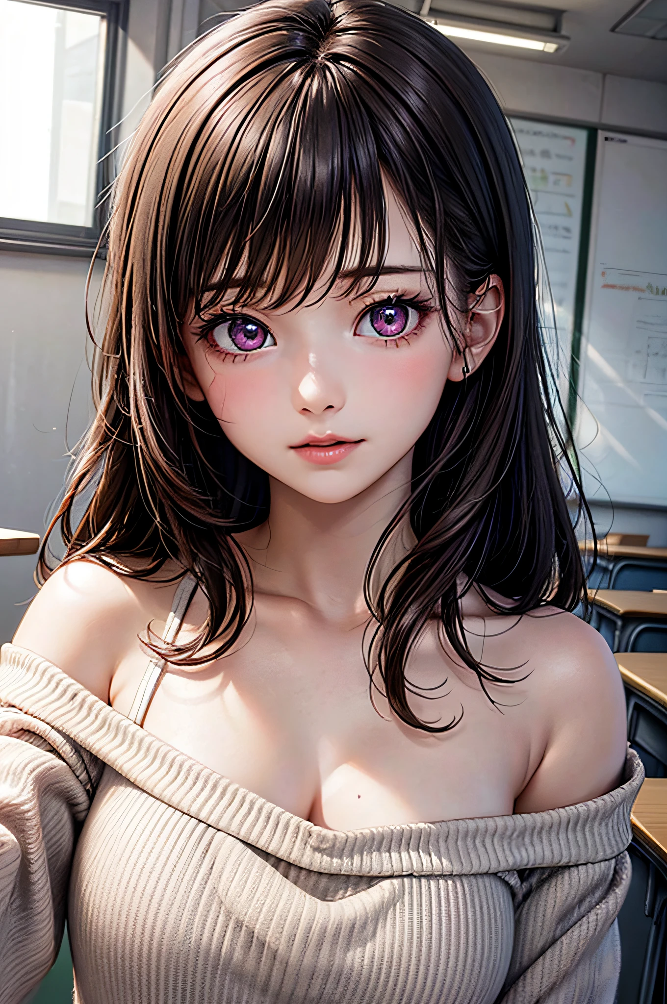 ((1girl in)), ((Best Quality)), (Ultra-detailed), (extremely detailed CG unified 8k wallpaper), Highly detailed, High-definition raw color photos, Professional Photography, Brown hair, Amazing face and eyes, Pink eyes, (amazingly beautiful girl), School, classroom, off shoulder,