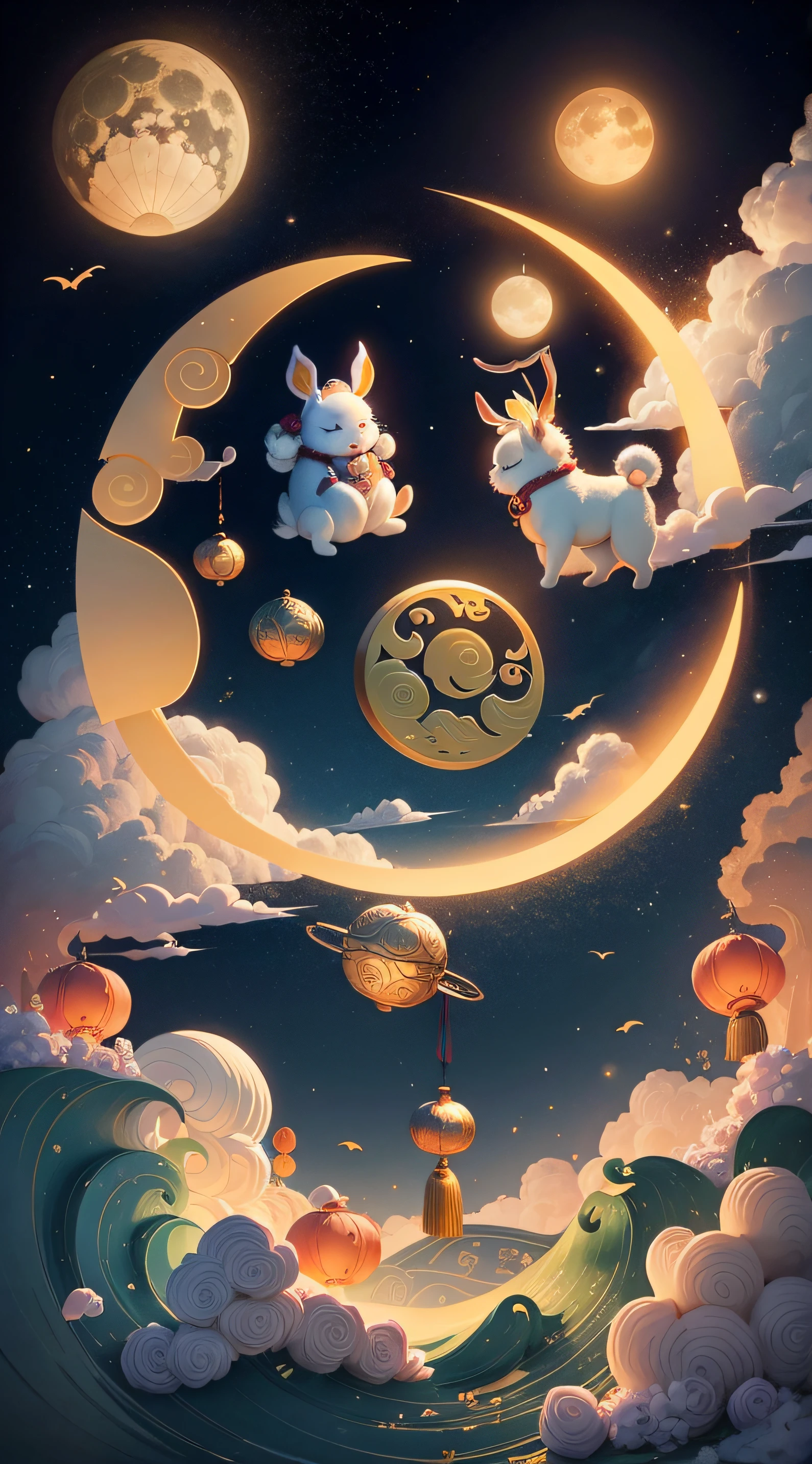 Mittherbstfest Jadehase Chang'e Fliegt zum Mond Mondkuchen Glückverheißende Wolke Nationaler Gezeitenwind Illustration Festlich