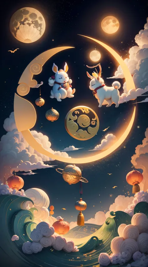 Mid-Autumn Festival Jade Rabbit Chang'e Flying to the Moon Mooncake Auspicious Cloud National Tide Wind Illustration Festive