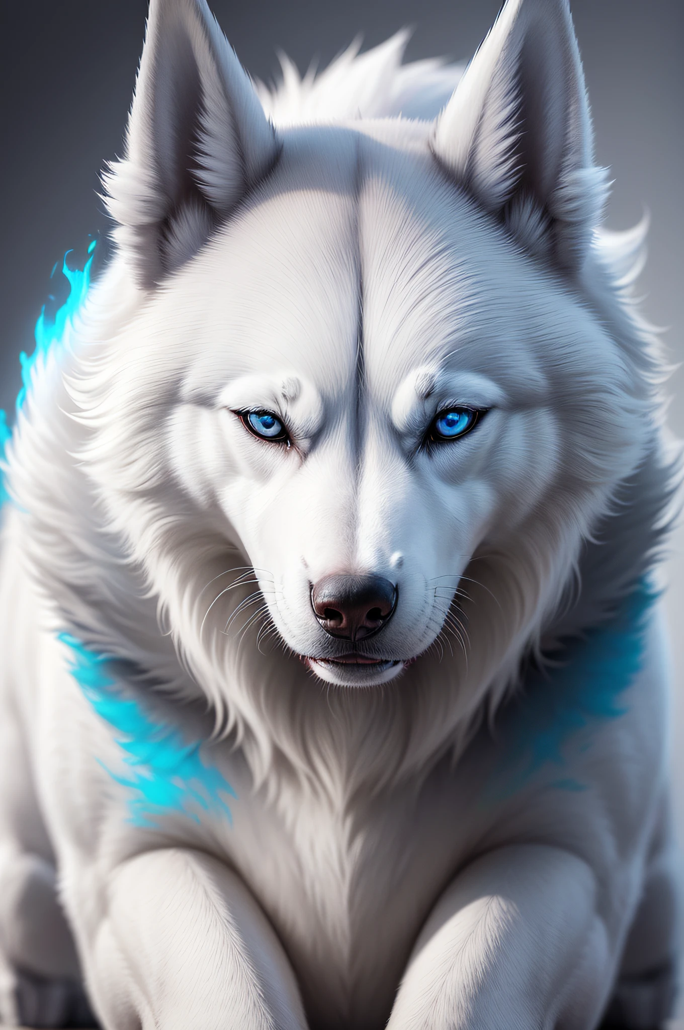 a photo of a white husky dog on black, in the style of bold chromaticity, hyper-realistic sci-fi, nikon af600, light blue, dynamic and exaggerated facial expressions, zeiss batis 18mm f/2.8, thick texture