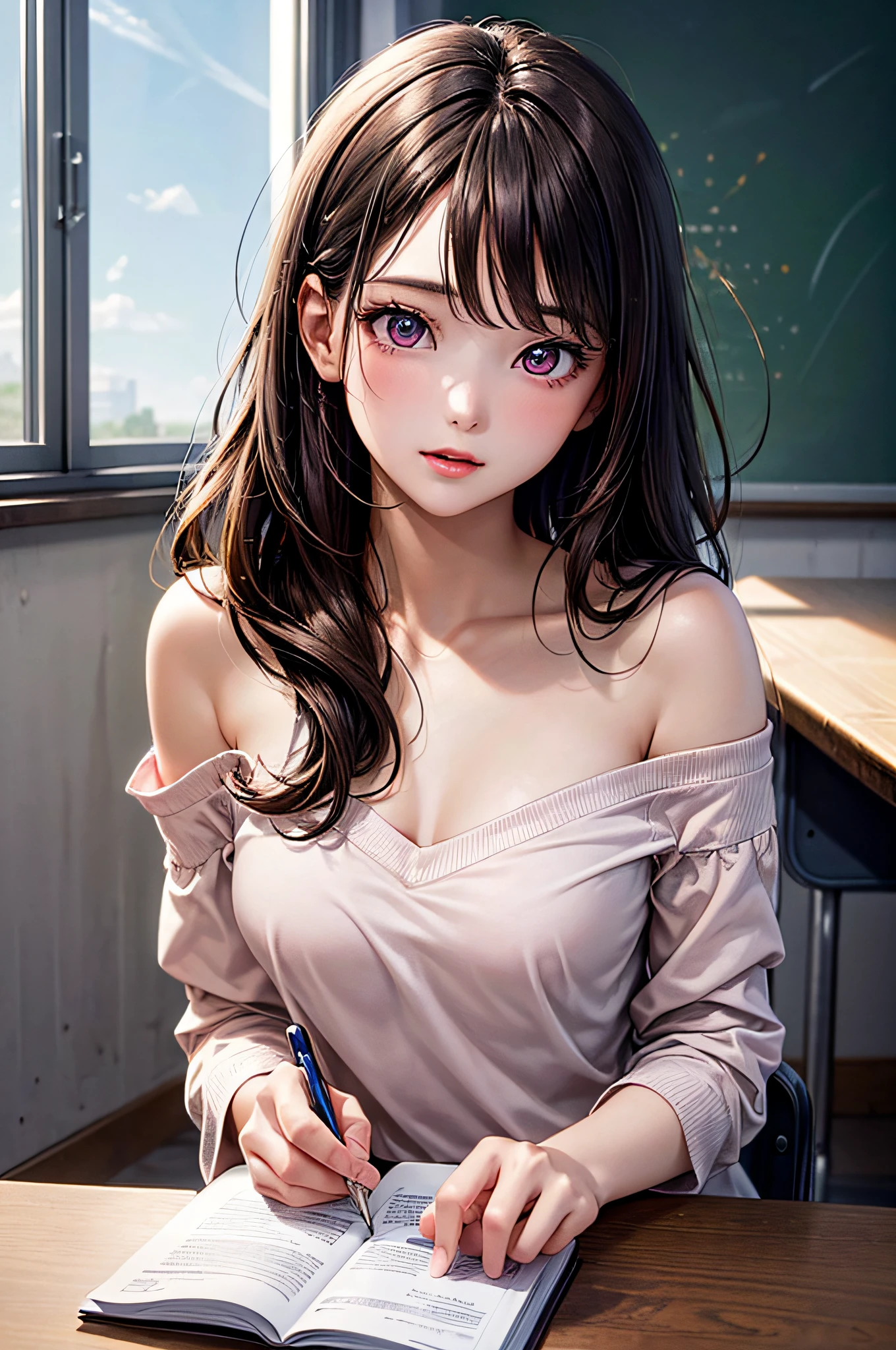 ((1girl in)), ((Best Quality)), (Ultra-detailed), (extremely detailed CG unified 8k wallpaper), Highly detailed, High-definition raw color photos, Professional Photography, Brown hair, Amazing face and eyes, Pink eyes, (amazingly beautiful girl), School, classroom, off shoulder,