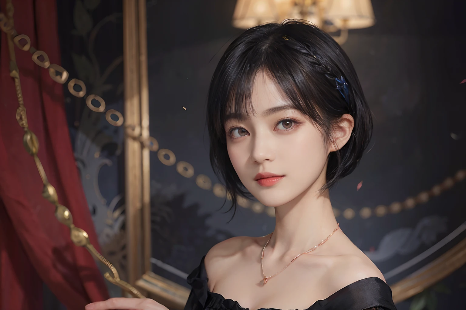 ((1womanl)),  (((Black Shorthair))), （masuter piece：1,3）、top-quality、​masterpiece、hight resolution、Original、highly detailed wallpaper、dress code、Luxurious necklace, (A slight smil)、a small face、((Breast))、(Red and blue dress)、(Light on Face)、Live-action style, Beautiful facial features, darkened room, ((Hu Dilan))