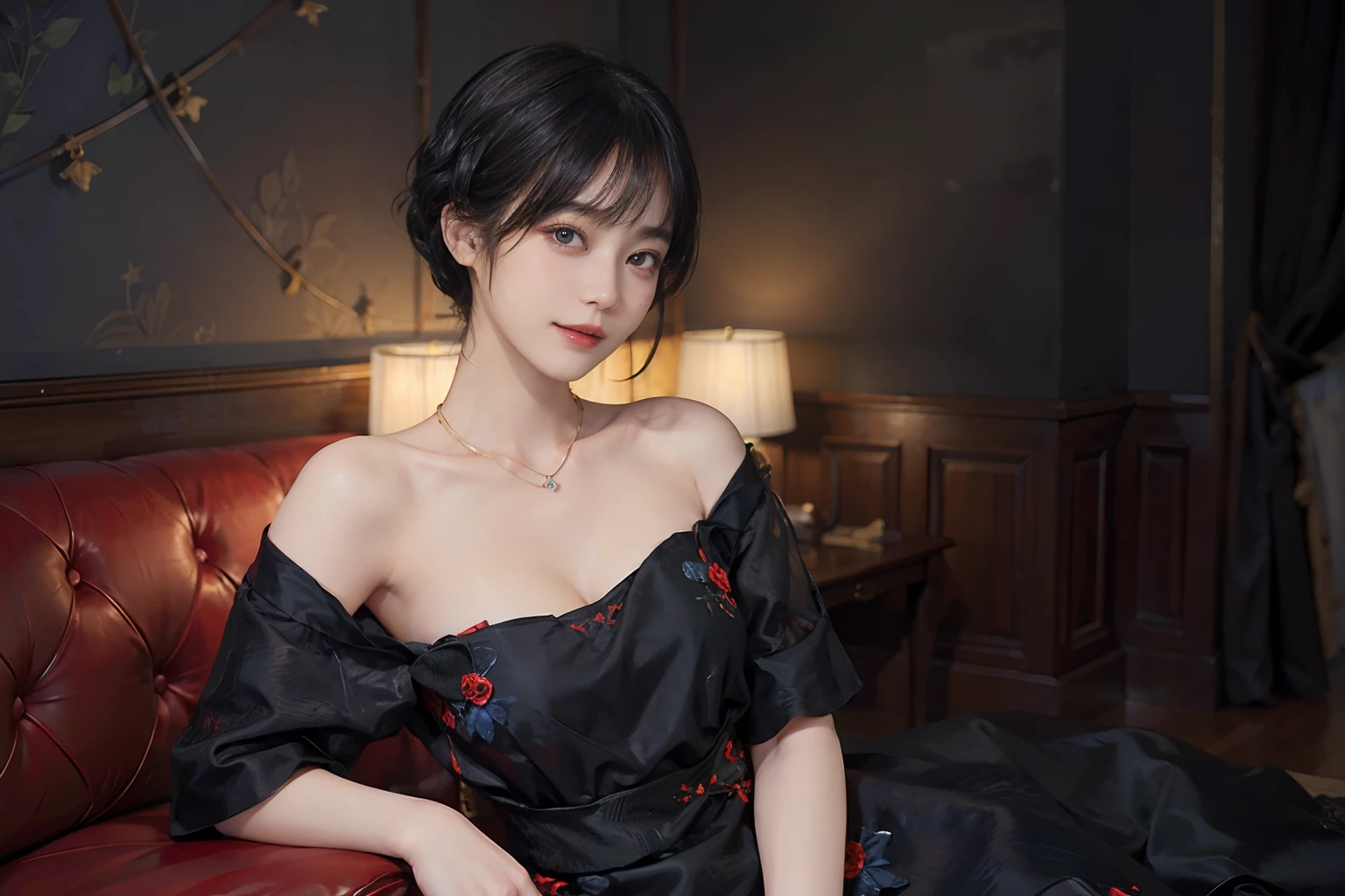 ((1womanl)),  (((Black Shorthair))), （masuter piece：1,3）、top-quality、​masterpiece、hight resolution、Original、highly detailed wallpaper、dress code、Luxurious necklace, (A slight smil)、a small face、((Breast))、(Red and blue dress)、(Light on Face)、Live-action style, Beautiful facial features, darkened room, ((Hu Dilan))