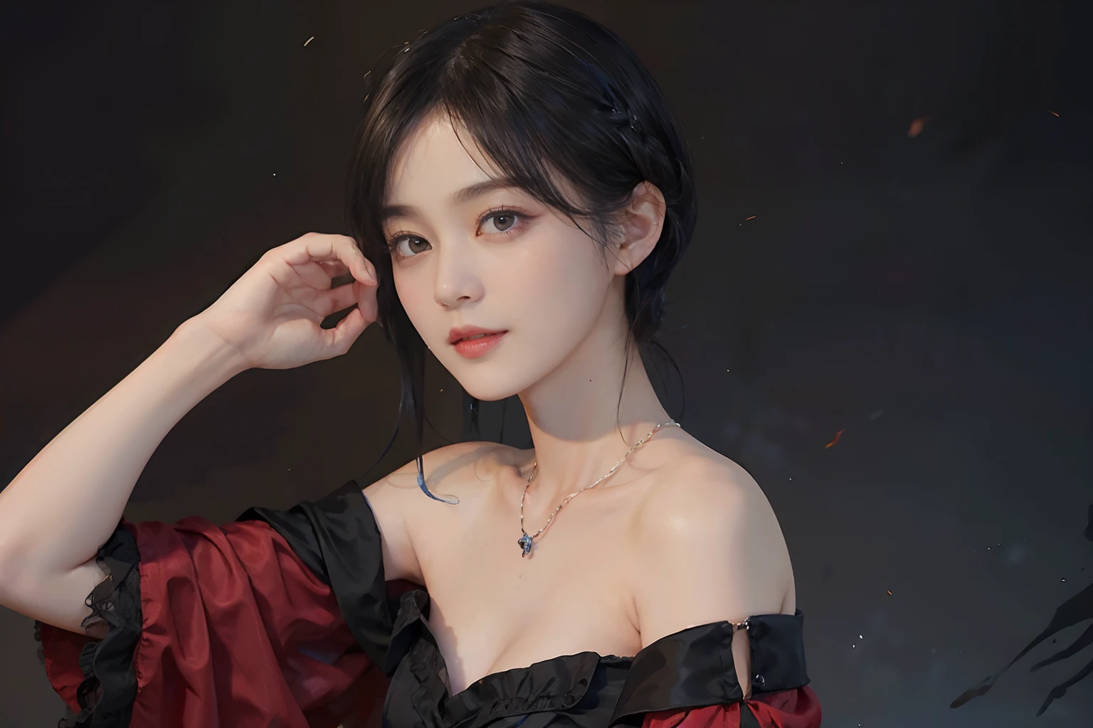 ((1womanl)),  (((Black Shorthair))), （masuter piece：1,3）、top-quality、​masterpiece、hight resolution、Original、highly detailed wallpaper、dress code、Luxurious necklace, (A slight smil)、a small face、((Breast))、(Red and blue dress)、(Light on Face)、Live-action style, Beautiful facial features, darkened room, ((Hu Dilan))