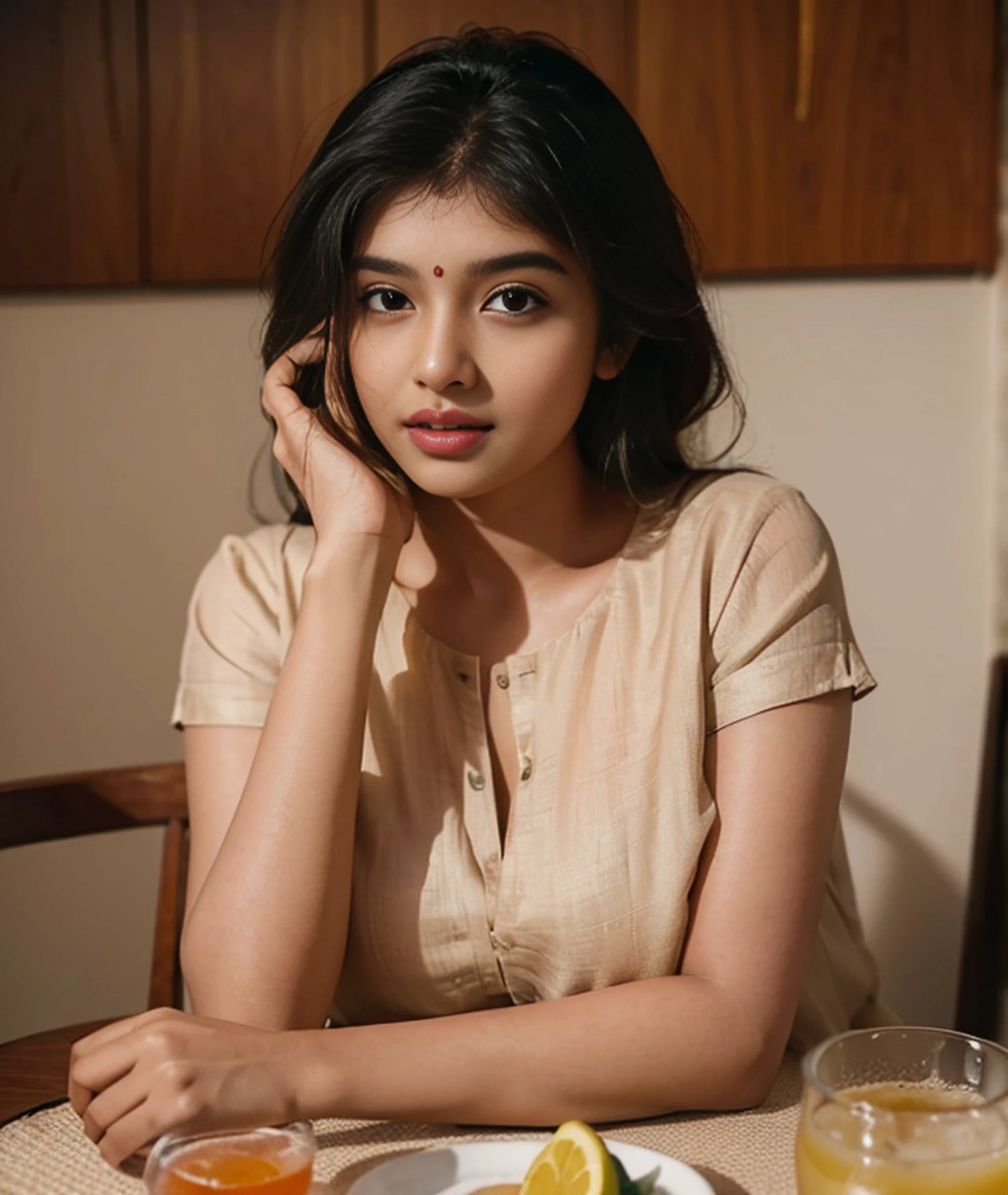 (((desi Indian girl))), chubby face and charming hair, natural skin (((highly detailed face and skin texture, 8k, ultrarealistic))), ((Masterpiece: 1.3, best quality, crisp focus)), sitting on a chair, table in front, fruit juice glass on table, healthy breakfast