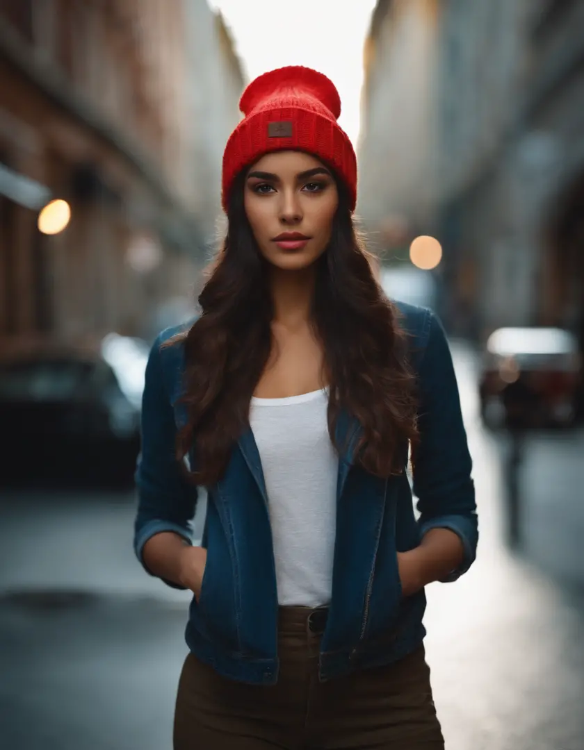 Girl Standing On The Street, latin girl, wearing a beanie, Realisitc, Photo
