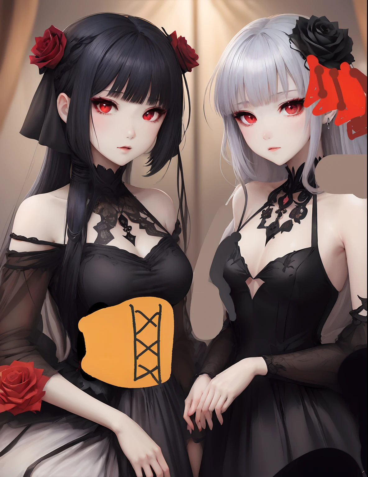 Two anime girls in black dresses with red roses in their hair - SeaArt AI