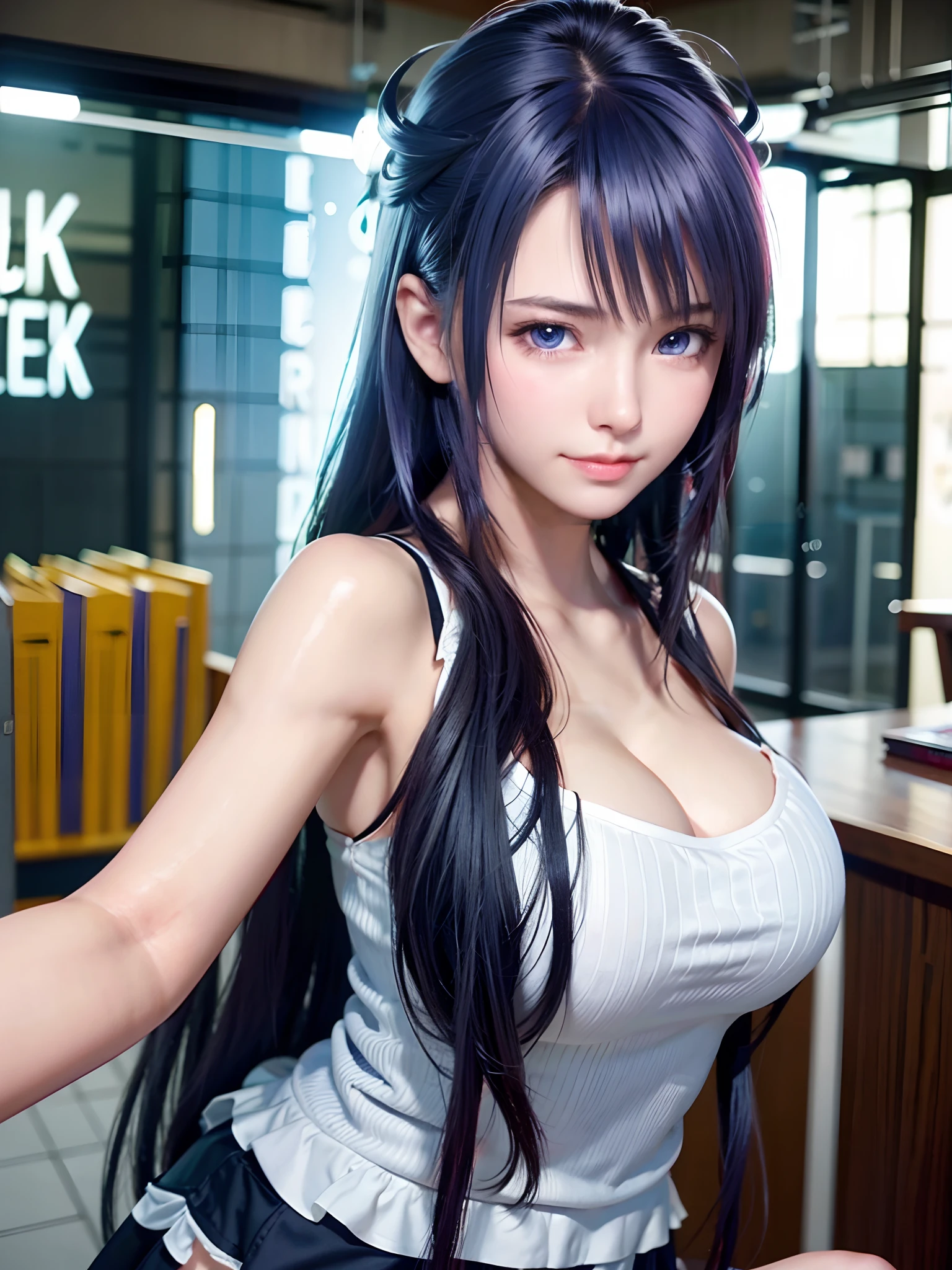 a very cute anime girl in real life, seductive anime girl, hyper realistic anime, attractive anime girl, tifa lockhart, beautiful alluring anime woman, anime girl cosplay, seductive tifa lockhart portrait, oppai cyberpunk, hyperrealistic schoolgirl, photorealistic anime, trending at cgstation, a hyperrealistic ,(((large breasts, round breasts))), cleavage, silk purple underwear.