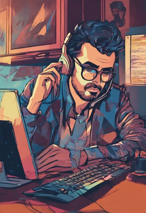 (close-up of a man in front of his computer with a sad expression),illustration,blurry background,detailed face,facial hair,stressed looking eyes,lonely atmosphere,soft natural lighting,high-res,emotional,realistic,dark color palette,subtle shadows,desatur...