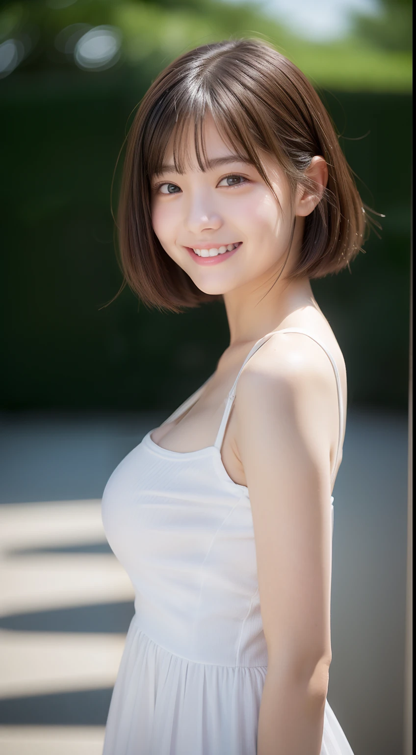 Enhanced dynamic perspective，Cute cute 15 year old beautiful girl，((White casual dress))、Short pants、Look at me and smile，simple backgound，Works of masters，high quarity，4K resolution，super-fine，Detailed pubic hair，acurate，Cinematic lighting，Leaves the original facial proportions、(Huge breasts)、