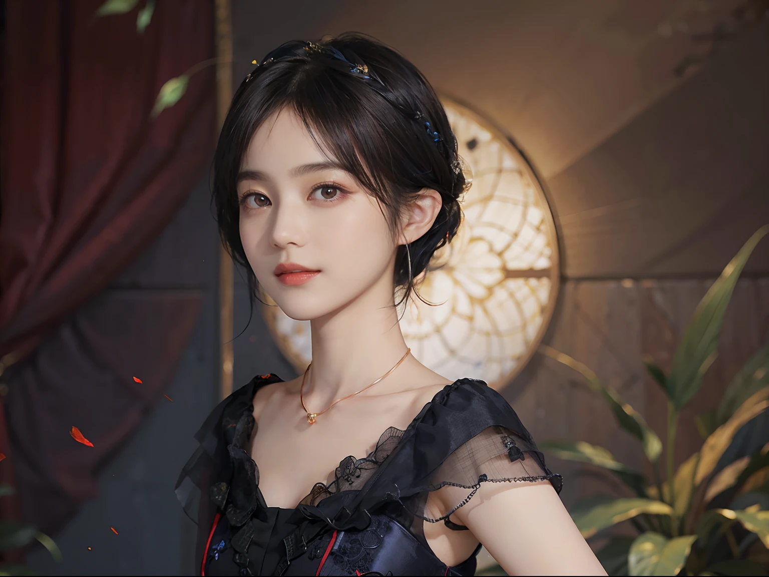 ((1womanl)),  (((Black-short-hair))), （masuter piece：1,3）、top-quality、​masterpiece、hight resolution、Original、highly detailed wallpaper、dress code、Luxurious necklace, (A slight smil)、a small face、((breast))、(Red and blue dresses)、(light on face)、Live-action style, Beautiful facial features, darkened room, ((Hu Dilan)), Masquerade