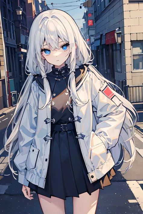 ​masterpiece、top-quality、女の子1人、kawaii、Viewer's Perspective、white  hair、very long hair、huge tit、Short stature、A slender、Kamimei、street corner、Blue eyes、very Long jacket、Black shirt、a black skirt、Carrying a bag on his shoulder