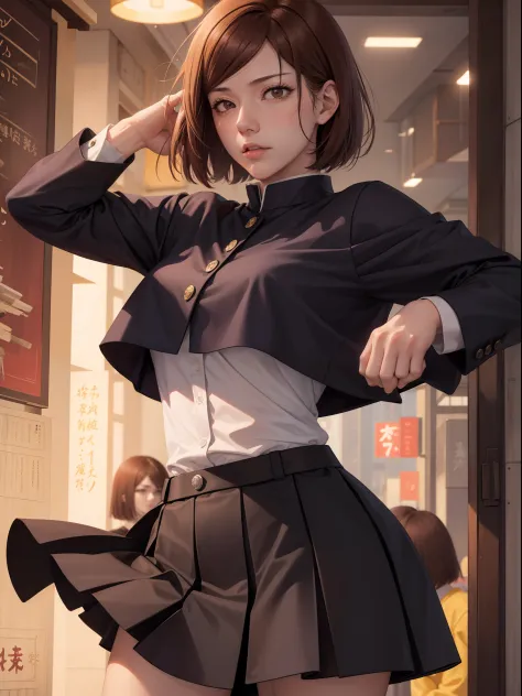Kugisaki nobara from jujutsu kaisen, mini skirt, short hair,1 girl, perfect body, realistic, extremely detailed face, brown hair...
