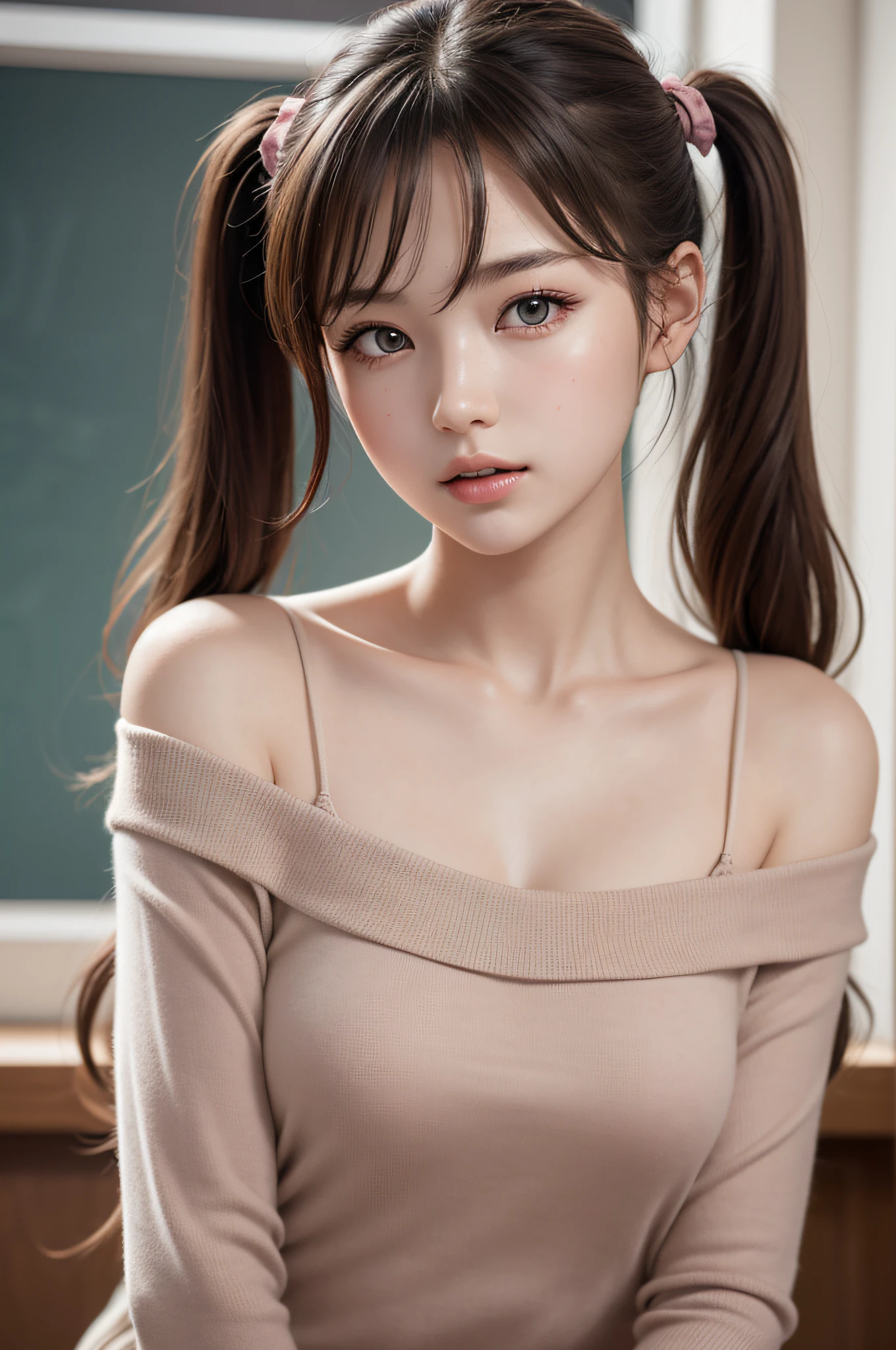 ((1girl in)), ((Best Quality)), (Ultra-detailed), (extremely detailed CG unified 8k wallpaper), Highly detailed, High-definition raw color photos, Professional Photography, (Twintails), Brown hair, Amazing face and eyes, Pink eyes, (amazingly beautiful girl), School, classroom, off shoulder,