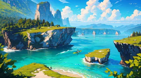 ((Best Quality, 8K, Masterpiece: 1.3)), A kayaker paddling through crystal-clear waters surrounded by towering cliffs and lush v...