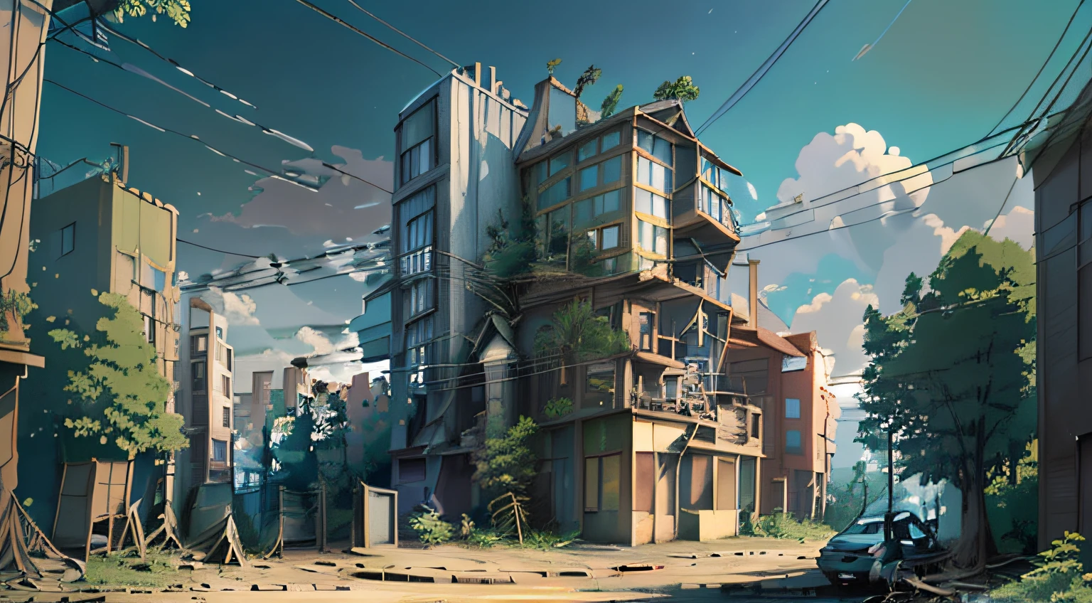 Very cozy little place, surrealism, (Makoto Shinkai anime: 0.4), dilapidated old houses on city streets, home wiring, outdoors, sky, clouds, daytime, landscapes, trees, blue sky, buildings, signs, wires, railings, Wide shot, telephone poles, town, wilderness, flowers, a mess of utensils