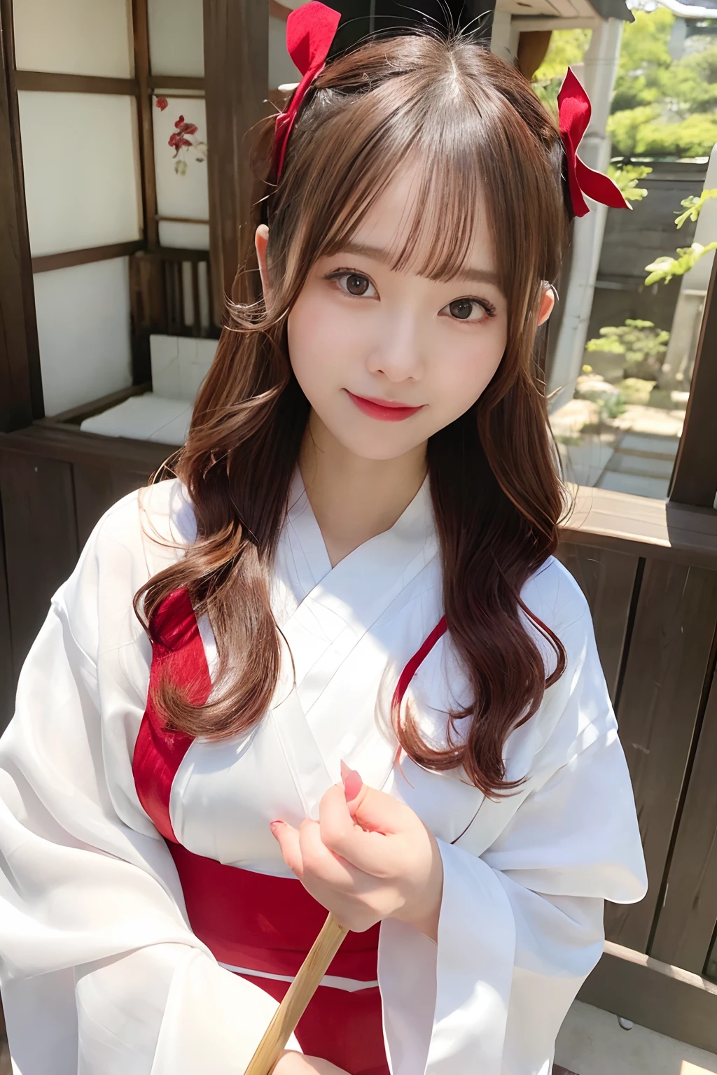 (​masterpiece、top-quality、Ultra-detail、rays of sunshine、Movie Lighting)、(Japan Anime Cosplay、)、(Famous idol girls of Japan、)、(goddess of Japan、shrine maiden、white miko costume、Red Hakama、)、(dishevled hair、short hair of red-brown color、poneyTail、Cherry Blossom Hair Ornament、hair pin、)、eye glasses、Holding a bamboo broom、Look at viewers、A beautiful face that captivates the viewer、(Background of the precincts、)、Stand on the ground of pebbles、Floating hair、bending forward、large full breasts、Beautiful breast slip、Shiny skin、the wind、beautifull hands、Beautiful Finger、An elaborate masterpiece、Intricate details、A detailed face、detailed hairs、Detailed red mouth、Detailed red cheeks、Smile of shame、