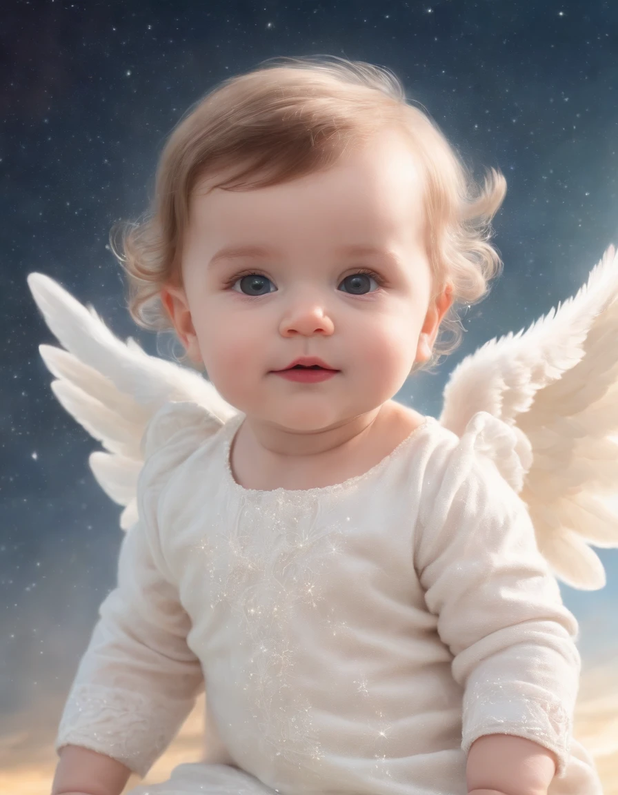 A close up of a baby with a white angel wings on a blanket - SeaArt AI