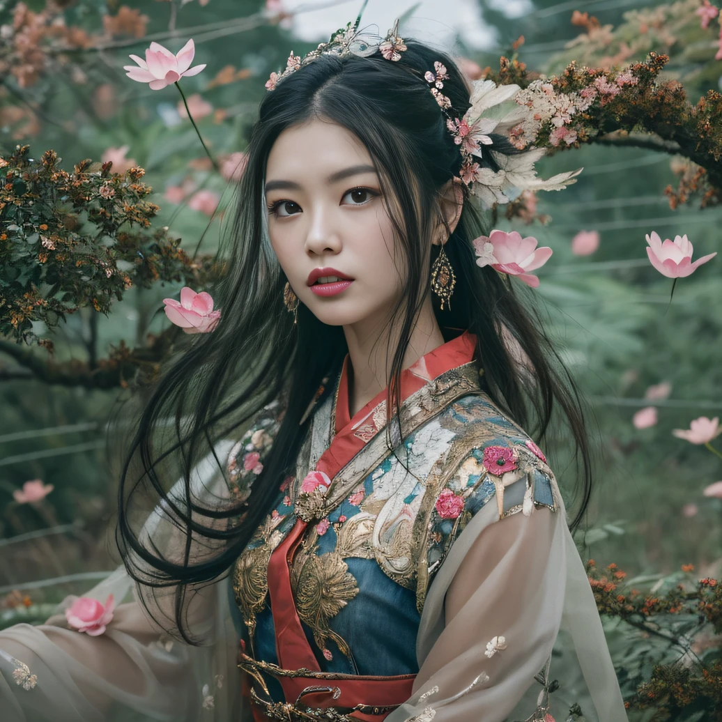 32K（tmasterpiece，k hd，hyper HD，32K）Long flowing black hair，ponds，zydink， a color， Aozhou people （Concubine girl）， （Purple silk scarf）， Combat posture， looking at the ground， long whitr hair， Floating hair， Carp pattern headdress， Chinese long-sleeved clothing， （Abstract gouache splash：1.2）， Pink petal background，Pink and white lotus flowers fly（realisticlying：1.4），Black color hair，Fallen leaves flutter，The background is pure， A high resolution， the detail， RAW photogr， Sharp Re， Nikon D850 Film Stock Photo by Jefferies Lee 4 Kodak Portra 400 Camera F1.6 shots, Rich colors, ultra-realistic vivid textures, Dramatic lighting, Unreal Engine Art Station Trend, cinestir 800，Long flowing black hair，Denim skirt