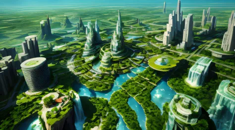 aerial city floating in the sky fantasy sci-fi nature waterfall top quality futuristic masterpiece architecture nature