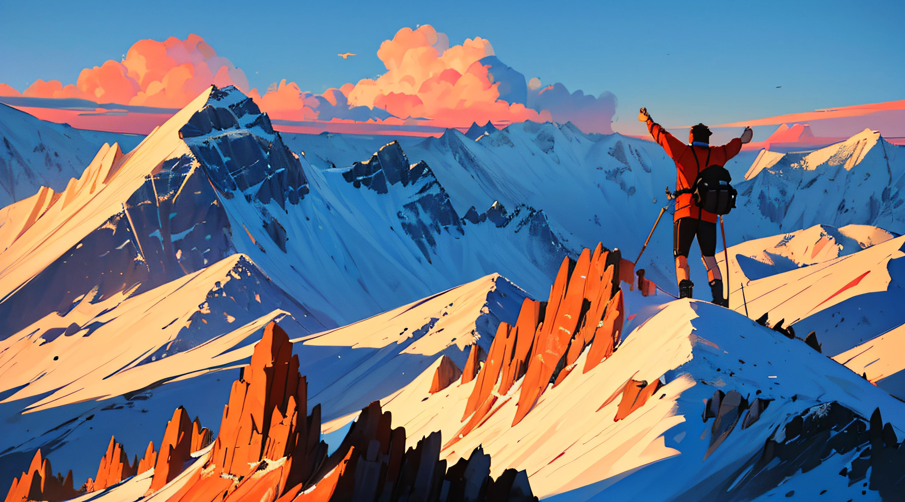 ((Best Quality, 8K, Masterpiece: 1.3)), ((Best Quality, 8K, Masterpiece: 1.3)), A hiker reaching the summit of a mountain, triumphantly raising their arms against a panoramic vista of rugged peaks.