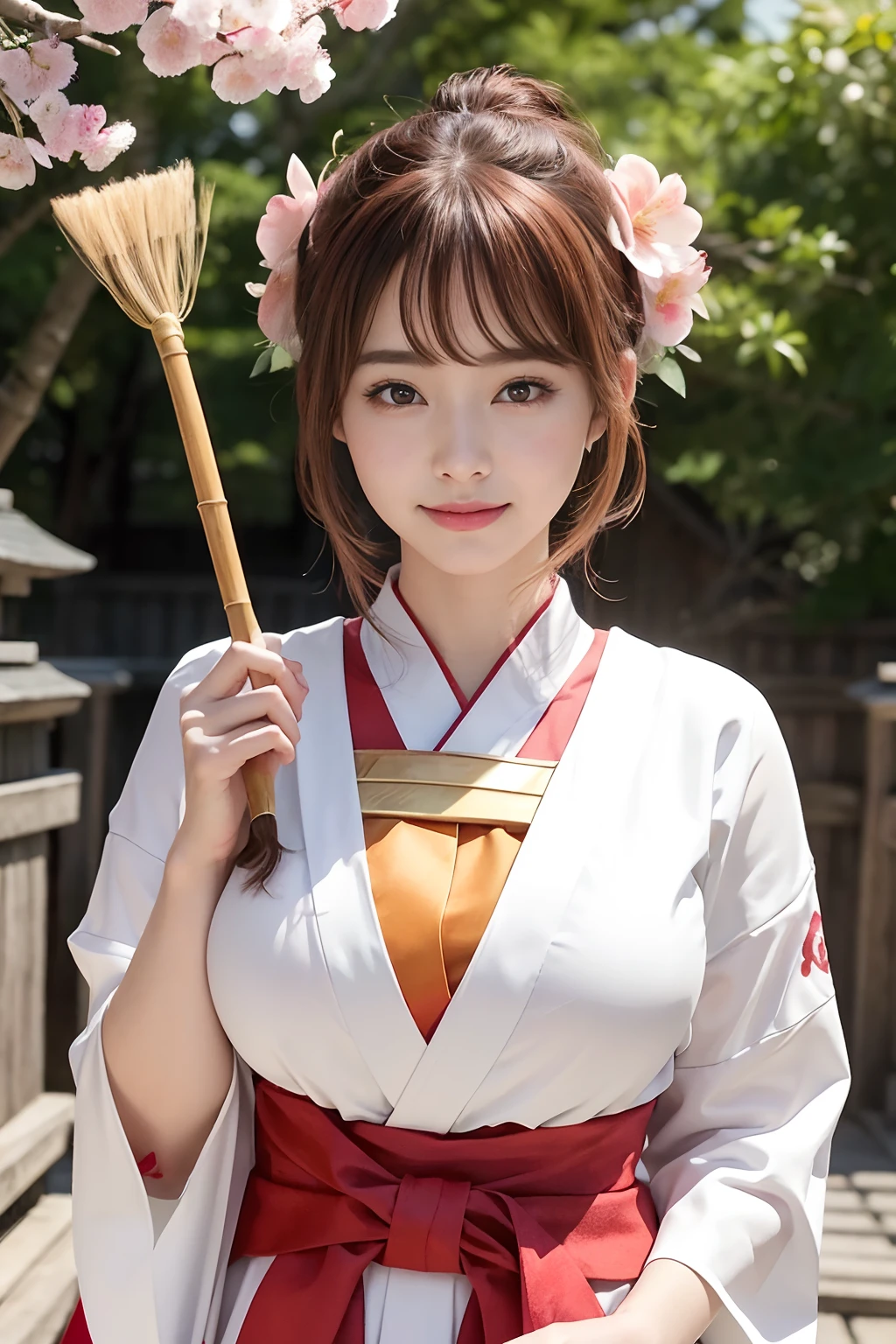 (​masterpiece、top-quality、ultra-detailliert、rays of sunshine、电影灯光)、(Japan Anime Cosplay、)、(Famous idol girls of Japan、)、(goddess of Japan、shrine maiden、white miko costume、Red Hakama、)、(dishevled hair、short hair of red-brown color、poneyTail、Cherry Blossom Hair Ornament、hair pin、)、eye glasses、Holding a bamboo broom、Look at viewers、A beautiful face that captivates the viewer、(Background of the precincts、)、Stand on the ground of pebbles、Floating hair、bending forward、large full breasts、Beautiful breast slip、Shiny skin、the wind、beautifull hands、Beautiful Finger、An elaborate masterpiece、Intricate details、A detailed face、detailed hairs、Detailed red mouth、Detailed red cheeks、Smile of shame、