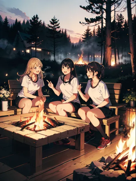 3 matured girls group shot, (trio:1.2, sitting nearby fires, wearing parkers, outdoor fashion), (BBQ, camp fires), smoke rising ...