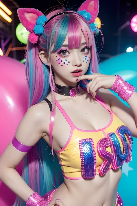 Alafe girl posing in colorful costume for photo, y 2 k cutecore clowncore, kawaii decora rainbowcore, kawaii hq render, candy girl, decora inspired, Unreal Engine : : Rave makeup, raver girl, Rave Girl, Rave Costume, glitchpunk girl, soda themed girl, play...