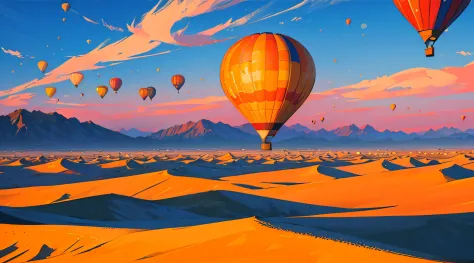 ((Best Quality, 8K, Masterpiece: 1.3)), A serene desert landscape at sunrise, with a colorful hot air balloon floating gracefully in the sky.