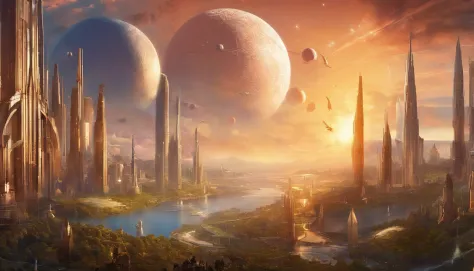 What photography，Ultra photo realsisim，Hyper-detailing，Ultra-wide-angle picture，24th century，sci fi city，and the sun was shining brightly，Tech City of the Future，Oval building，Suspended circular aircraft，Roads that lead in all directions，highly detailed su...