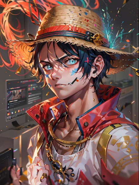 personagem monkey d luffy one piece, straw hat, cicatriz no peito em formado de x, um homem de 21 anos, mundo de fantasia, em um...